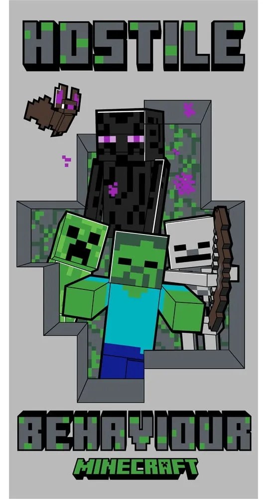 Szary bawełniany ręcznik dziecięcy 70x140 cm Minecraft Hostile Behaviour – Jerry Fabrics