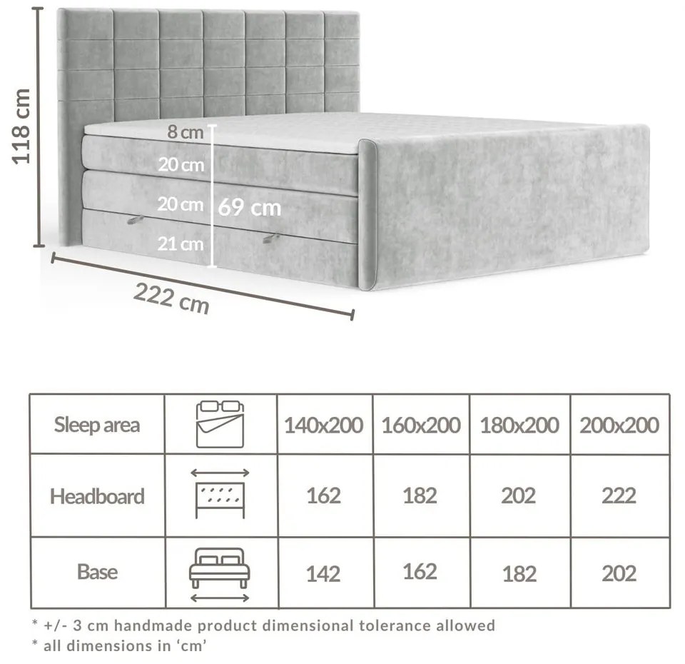 Jasnoszare łóżko kontynentalne ze schowkiem 200x200 cm Ava – Maison de Rêve