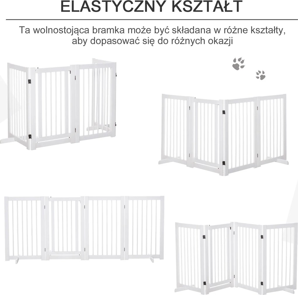 PawHut Bramka Zabezpieczająca dla Psów 4-elementowa, 220 x 91 cm Składana Bramka z Drzwiami, Wolnostojąca, z 2 Podpórkami, Ażurowa, Drewniana, na Korytarz, Kuchnię, Schody, Biała