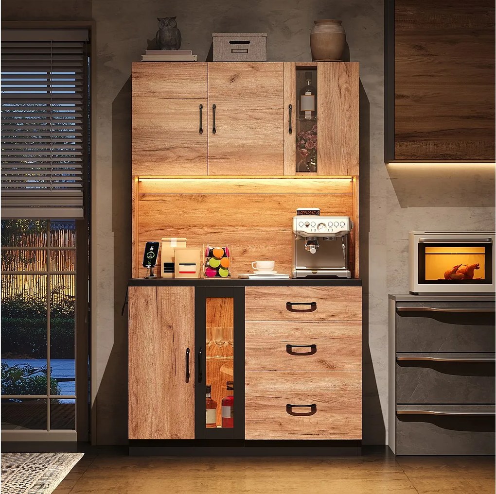 Nowoczesna komoda kuchenna - 105 x 40 x 180 cm - z diodami LED + gniazdko elektryczne + drzwi + szuflady - MDF - naturalny