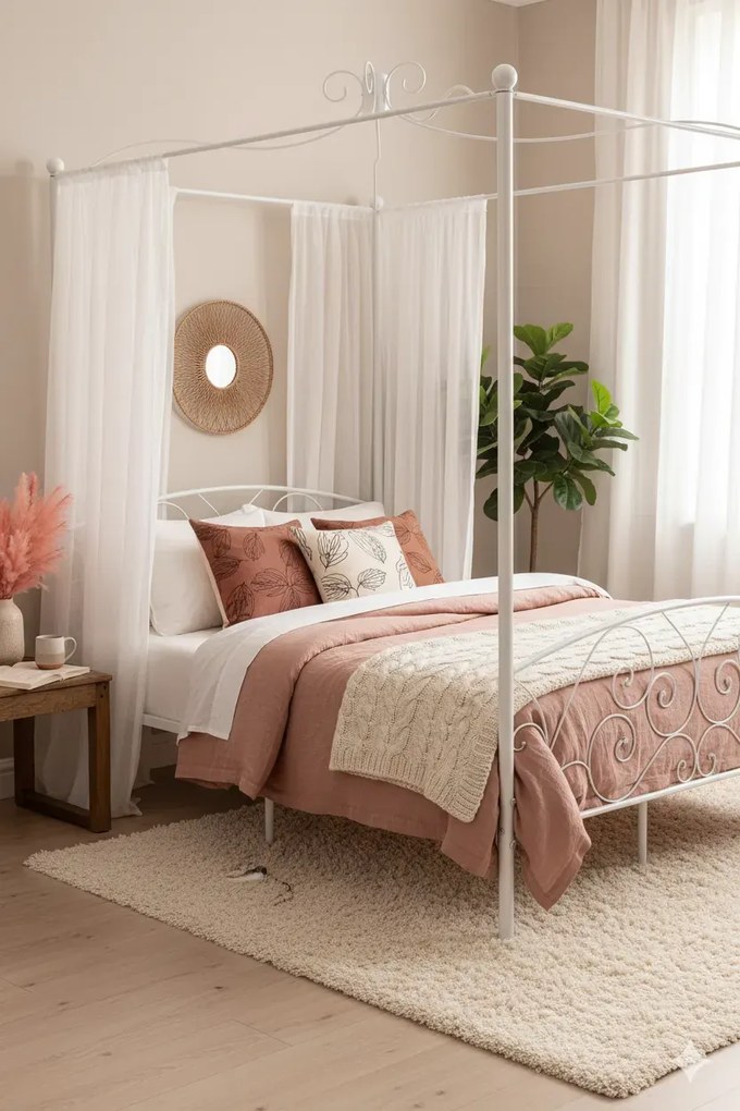 Łóżko metalowe z baldachimem w kolorze białym 180x200 cm F5-B63