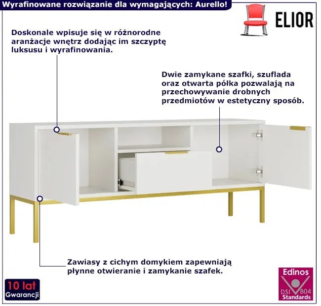 Stojąca szafka pod TV z szufladą 135 cm biały + złoty S9-K35