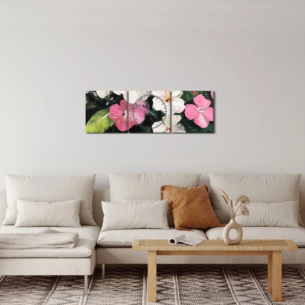 Obraz - Różowe i białe kwiaty (z zegarem) (90x30 cm)