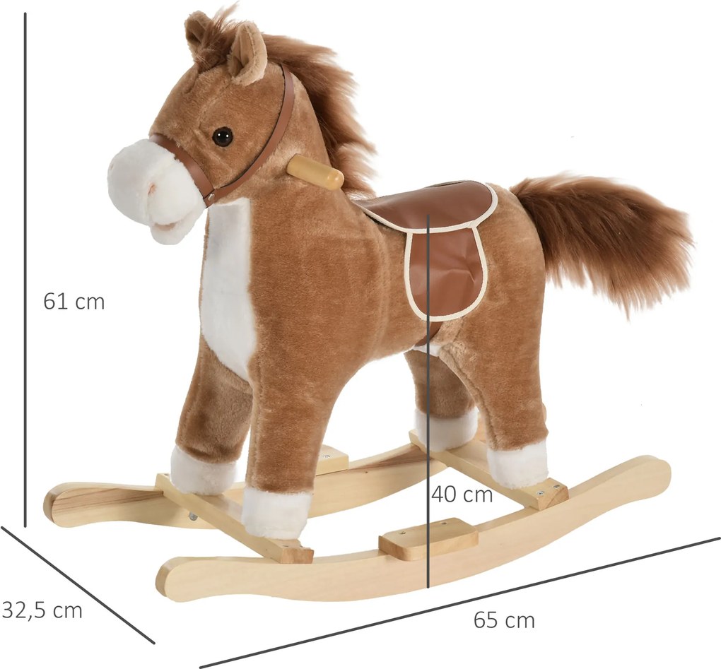 HOMCOM Koń na biegunach dla dzieci 3-6 lat z dźwiękami, pluszowy brązowy, 65x32,5x61cm | Aosom PL