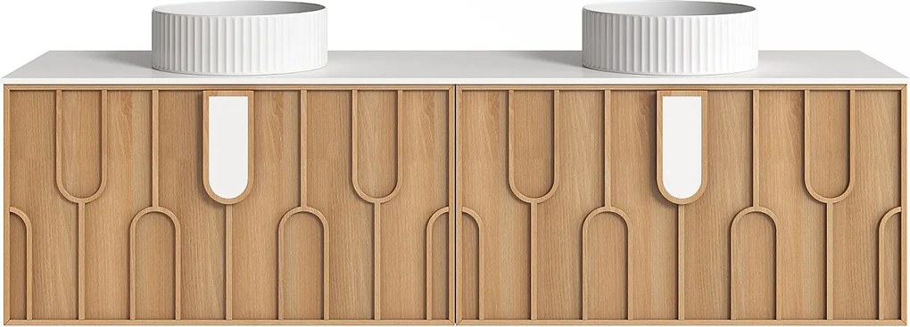 Wiszaca szafka łazienkowa teksturowana z podwójną okrągłą, prążkowaną umywalką nablatową - Jasny naturalny - szer. 180 cm - MERKAN