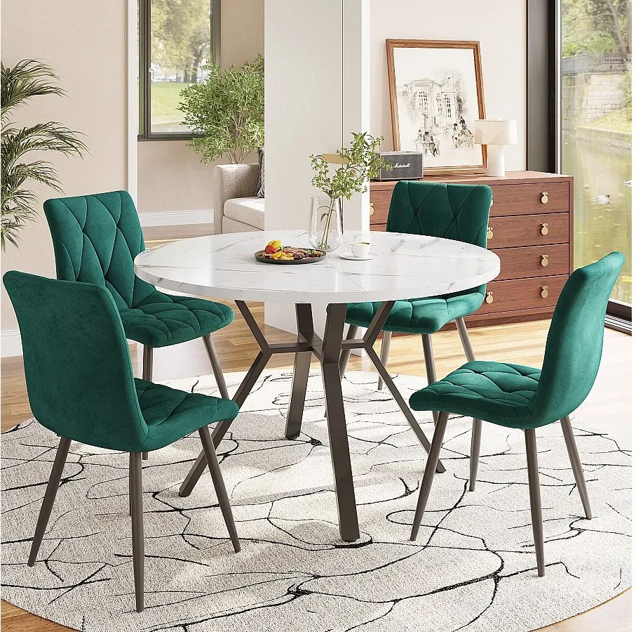 Zestaw 5 stołów i krzeseł do jadalni - 100 x 100 x 75 cm - stół z metalowymi nogami + 4 ergonomiczne krzesła - MDF + Metal - zielony