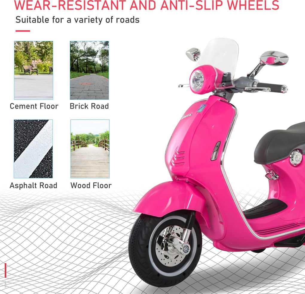 HOMCOM Elektryczny motocykl dla dzieci z muzyką MP3, światłami, 3-6 lat, skóra ekologiczna, metal, 108 x 49 x 75 cm, Różowy