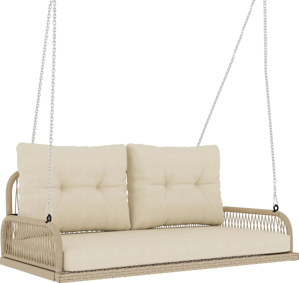 Outsunny Huśtawka Ogrodowa 2-osobowa z Rattanu z Poduszkami do 240 kg 115 x 66 x 44 cm Beżowa