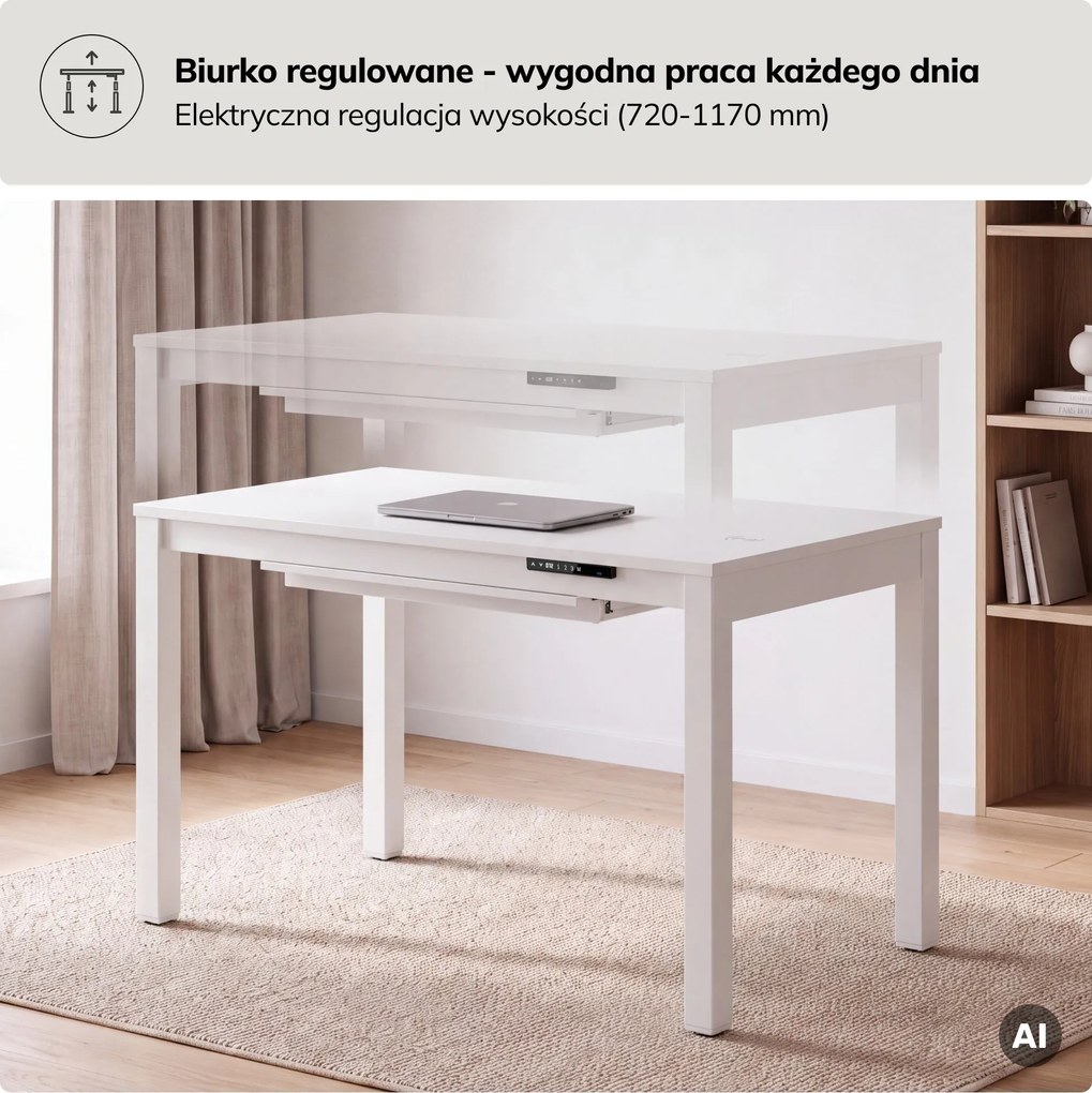 Biurko regulowane elektrycznie podnoszone białe, 120x63 cm: EVAN