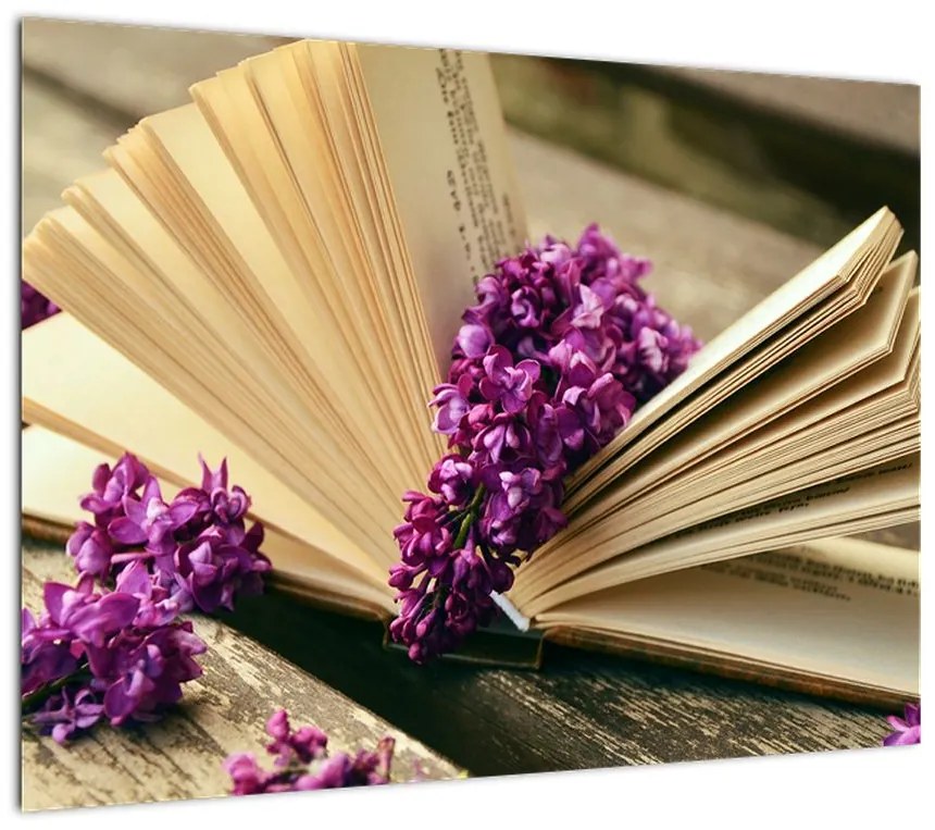 Obraz na szkle - książka z lawendą (70x50 cm)