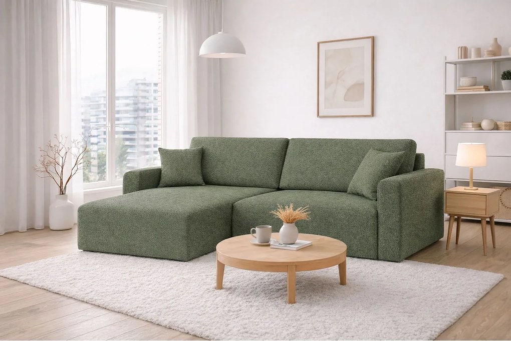 Narożnik z funkcją spania i pojemnikiem Ariel XL, tkanina szenilowa Artico, Moss, Lewy