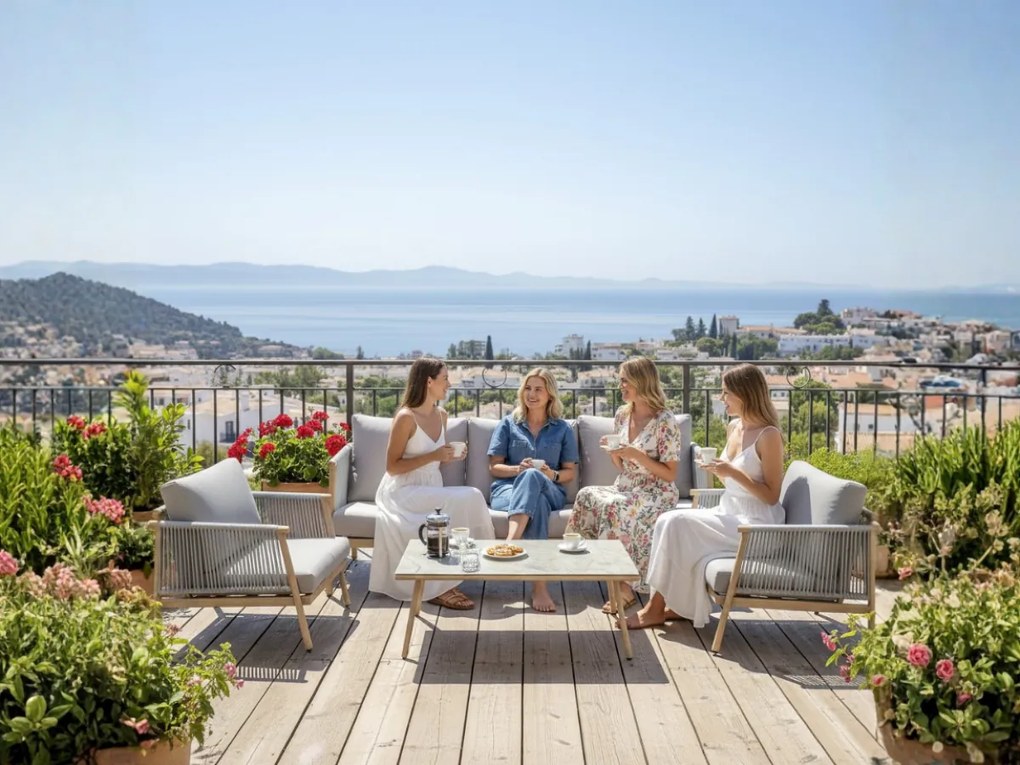 Aluminiowy zestaw mebli tarasowych (Duża sofa, 2 x fotel i stolik) BLANDO jasno szary, aluminium