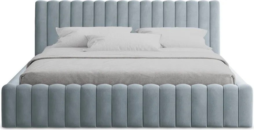 Jasnoniebieskie tapicerowane łóżko dwuosobowe ze schowkiem ze stelażem 140x200 cm Lemi – Makamii