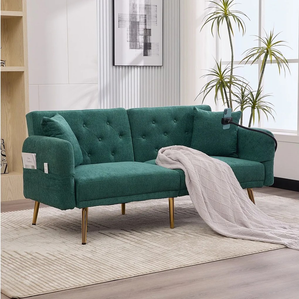 Sofa 2-osobowa z portami USB - Prosta sofa z uchwytem na telefon i kieszeniami bocznymi - Regulowane oparcie - Zielony aksamit