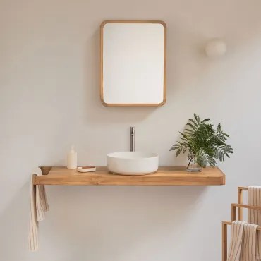 Zestaw Mebli Łazienkowych 130x45 Cm Wiszący Z Drewna Tekowego Neill Drewno Tekowe & Okrągły Ceramiczny Biały Ø40 Cm Lenka & Szczotkowana Szarość ↑30 C