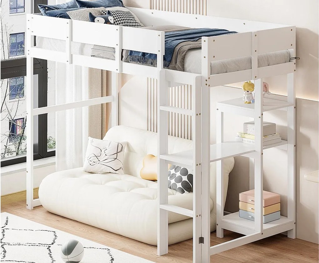 Łóżko mezzanine 90x200cm z drewna - z półkami i stelażem na listwy - Białe