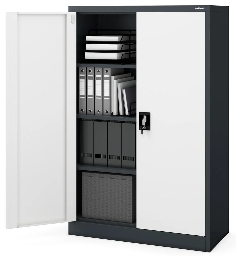 Biurowa szafa metalowa na akta KEVIN, 900 x 1400 x 400 mm, antracytowo-biała