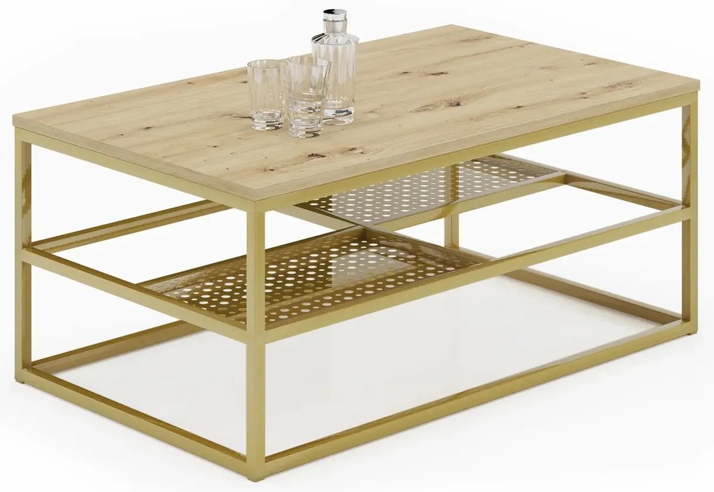 Ława z półkami w stylu glamour dąb artisan + złoty P8-H52