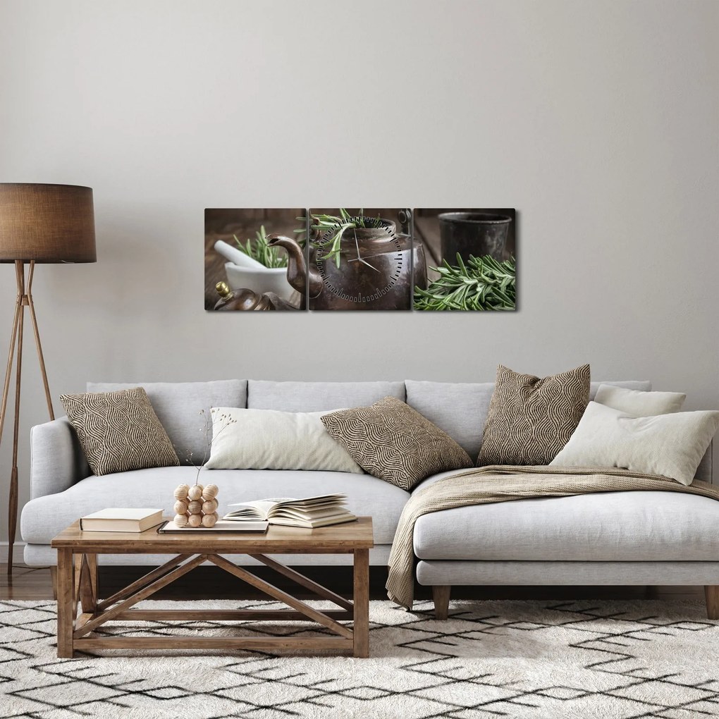 Obraz - Czajniczek z rozmarynem (z zegarem) (90x30 cm)