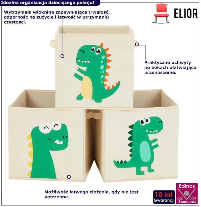 Komplet 3 składanych organizerów z dinozaurami F4-D92