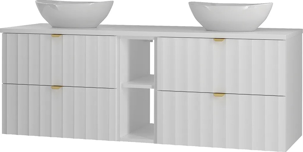 Biały Zestaw Łazienkowy 140cm Szafka z Blatem Regał Umywalka Ryflowane Fronty Arcos