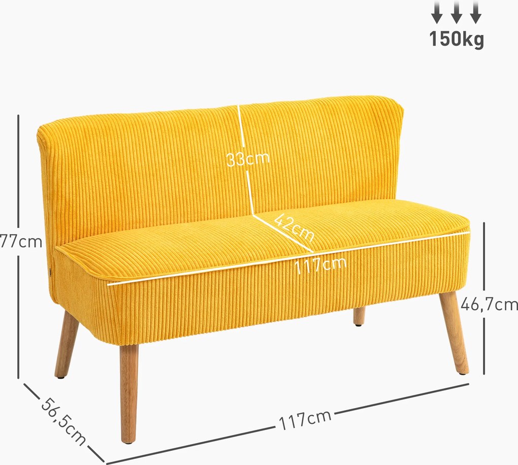 HOMCOM Sofa dwuosobowa, elegancki skandynawski design, solidna rama drewniana, do 150 kg, 117 x 56,5 x 77 cm, Kolor Żółty