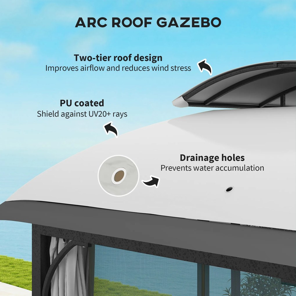 Outsunny Pawilon Ogrodowy, 3,3 x 4 m Namiot z Siatkowymi Zasłonami, Dwupoziomowy Dach, Pokrycie Skórą Ekologiczną, Metalowa Rama, Jasnoszary