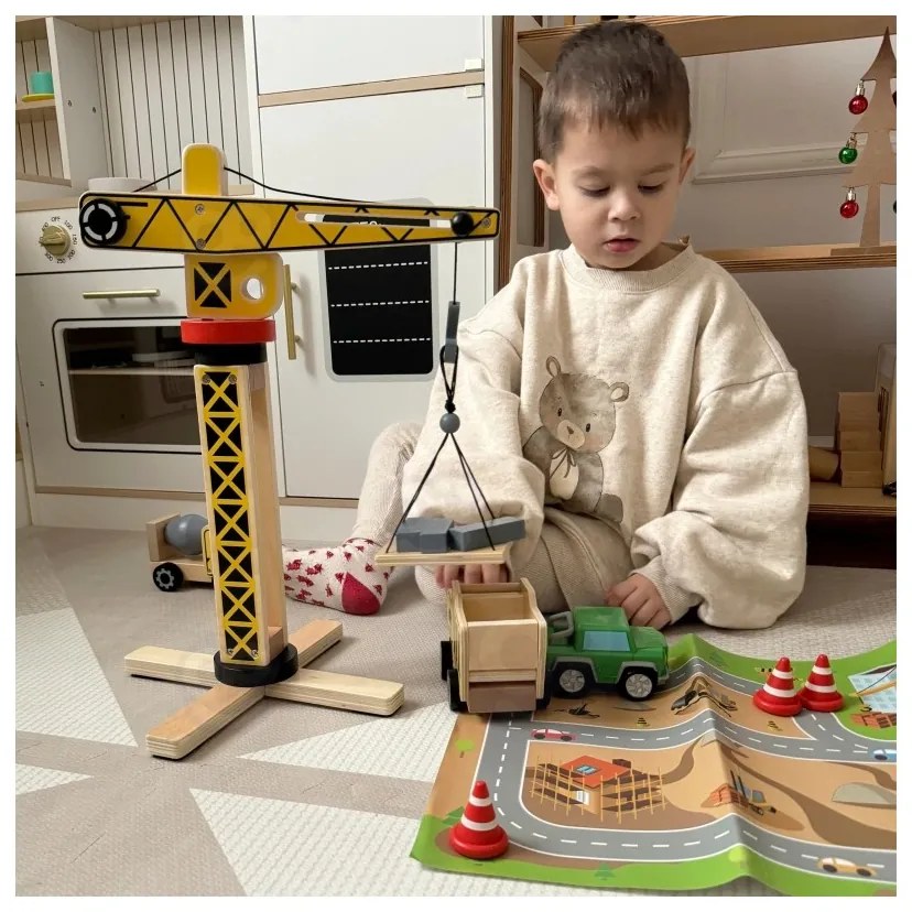 Woopie green drewniany plac budowy 5w1 ruchomy dźwig xxl pojazdy budowlane 13 el. fsc