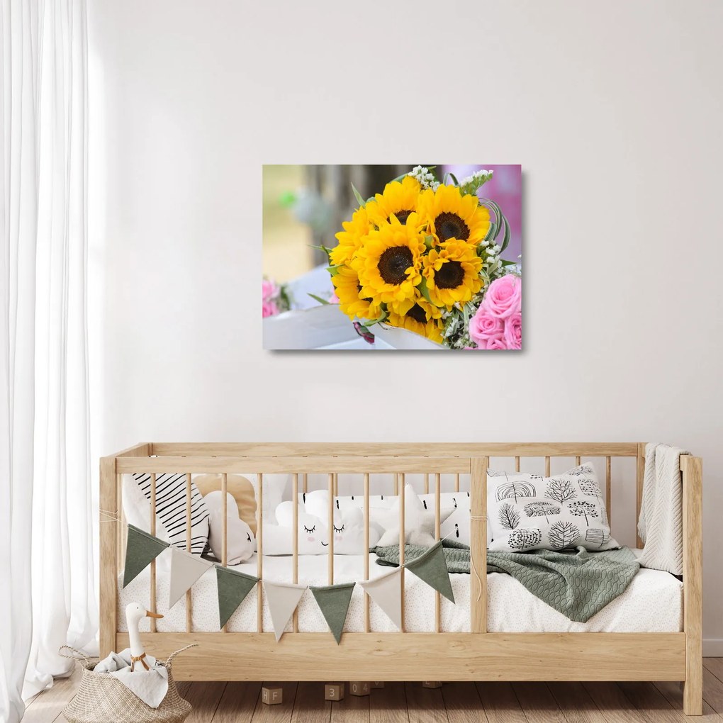 Obraz na szkle - bukiet ślubny ze słoneczników (70x50 cm)