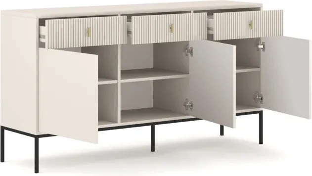 Komoda do Salonu Sypialni MARCOS 154 cm Kaszmir Ryflowana Trzydrzwiowa z Szufladami Nowoczesna