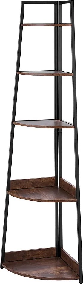 Półka Narożna SucceBuy z 5 Poziomami, Narożna Biblioteka, Wysokość 178 cm, Meble do Przechowywania na Ścianie z Metalową Ramą i Półkami z Drewna