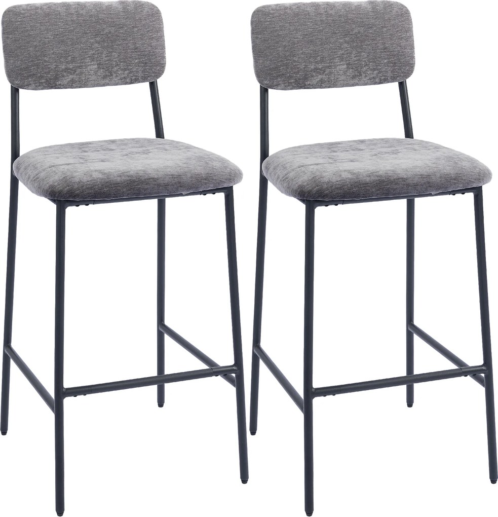 HOMCOM Zestaw 2 hokerów, tapicerowane wysokie krzesła do blatu kuchennego, domowego baru, oparcie, podnóżek, obicie z tkaniny, stal, szary