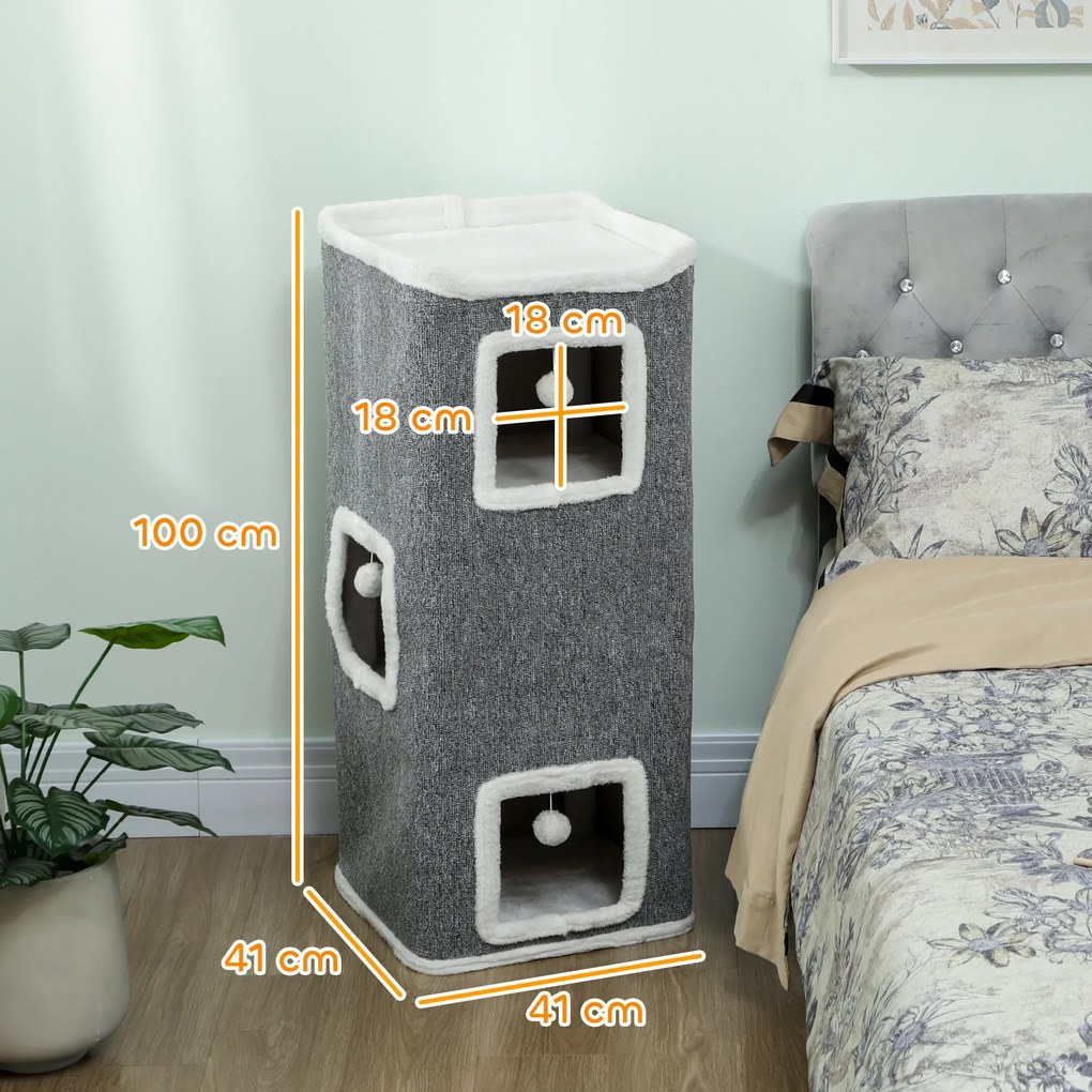 PawHut 4-poziomowa wieża dla kotów, drapak z 3 jaskiniami, płyta wiórowa, piłeczki do zabawy, szary