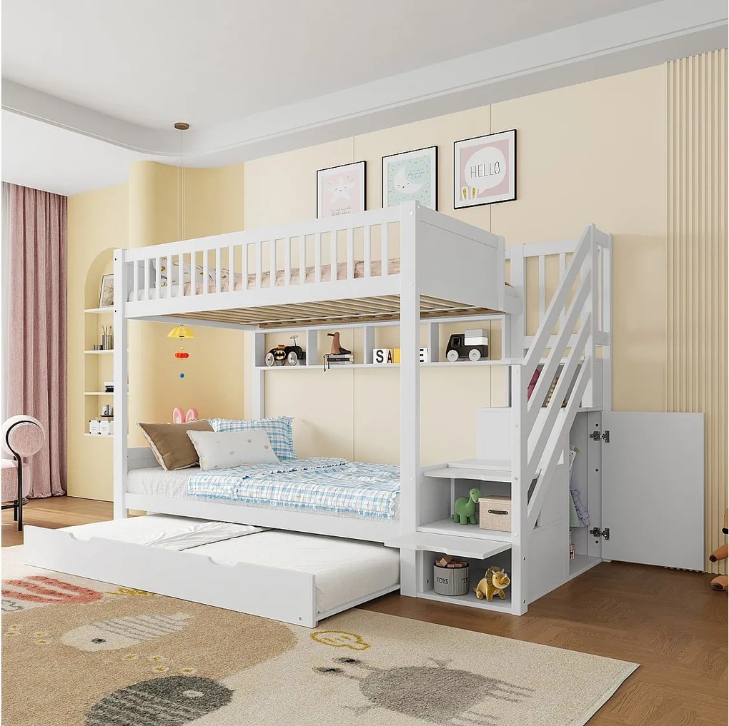 Łóżko piętrowe dla dzieci - 2 x 90 x 200 cm + 90 x 190 cm - z łóżkiem wysuwanym + szafa + 3 schowki w schodach - Sosna + MDF - białe