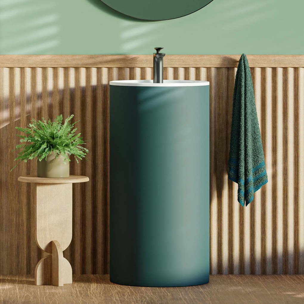 Umywalka wolnostojąca okrągła zielona matowa 87 x 44 cm KALMI GREEN MATT z otworem na baterię : Podłączenie syfonu - Do podłogi