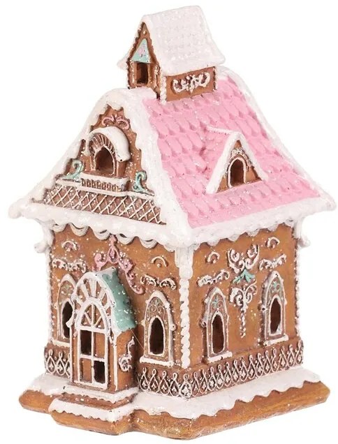 Dekoracja świąteczna Domek z piernika z różowym dachem, poliresin, LED, brązowy