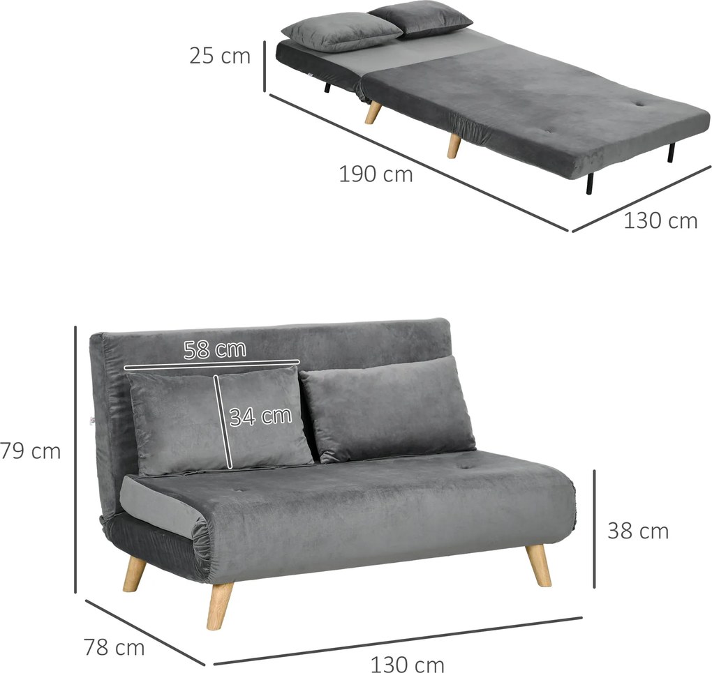 HOMCOM Sofa welurowa szara z 2 poduszkami wygodna kanapa 130x78x79 cm do salonu | Aosom PL