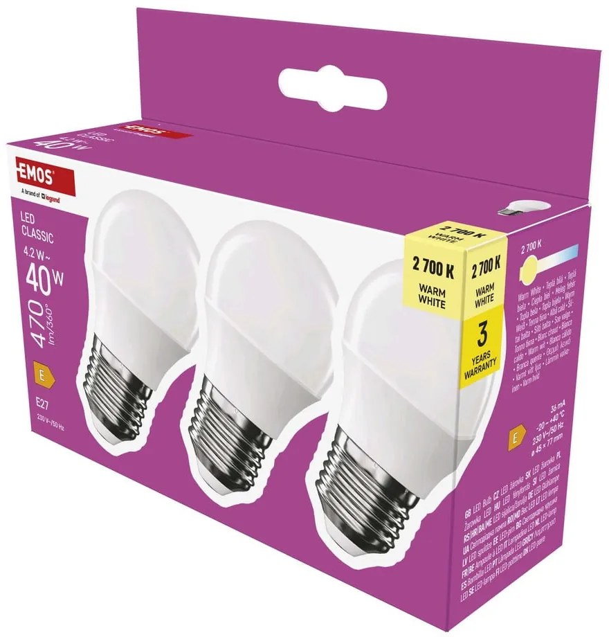 Żarówki LED z ciepłym światłem z gwintem E27 zestaw 3 szt., 4 W – EMOS
