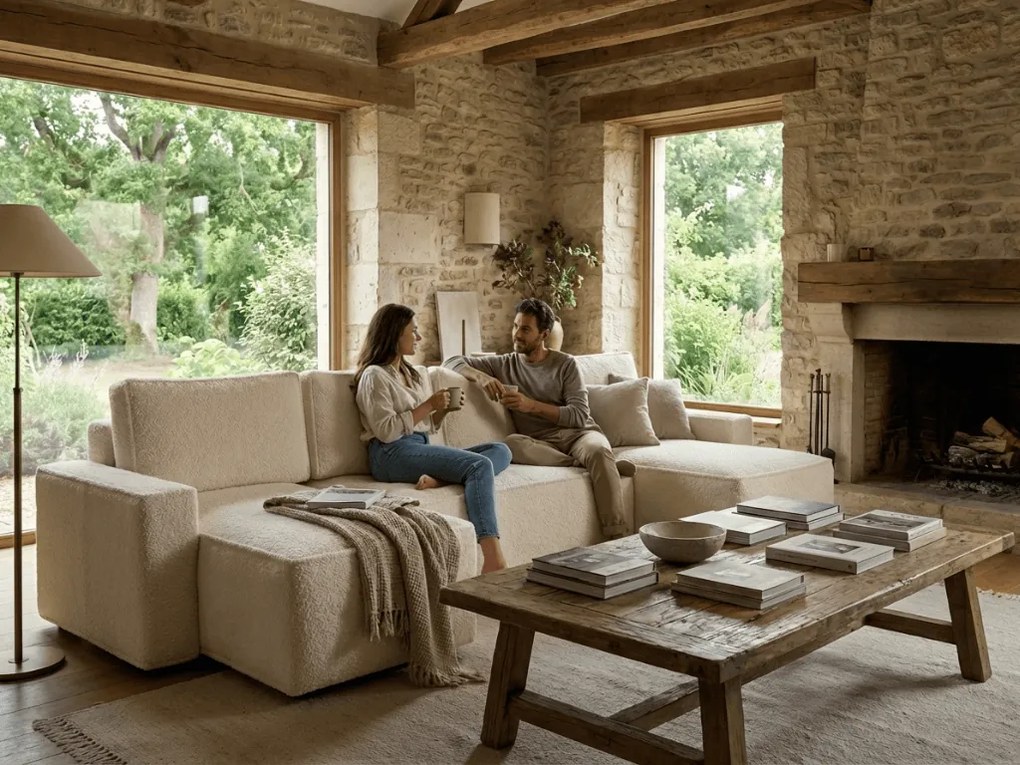 Rozkładana kanapa narożna w kształcie U SMART BOUCLE 303x143 cm, kremowa