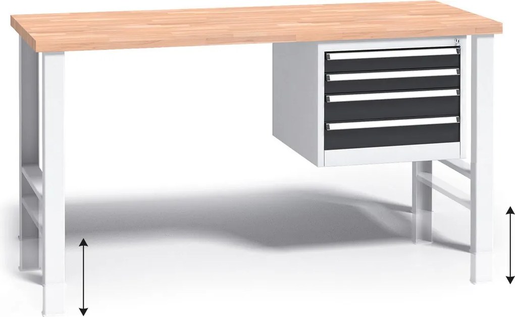 Stół warsztatowy z regulacją wysokości G3, 1500 x 685 x 840-1050 mm, 1x 4 szufladowy kontener, grafitowy
