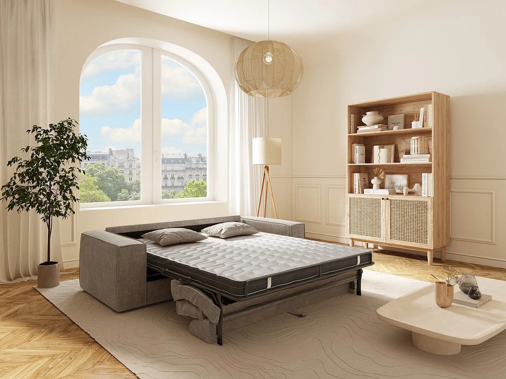 Kanapa 3-osobowa rozkładana typu express z tkaniny w kolorze taupe - pow. spania 140 cm - Materac 13 cm z pianką memory - AMELIA
