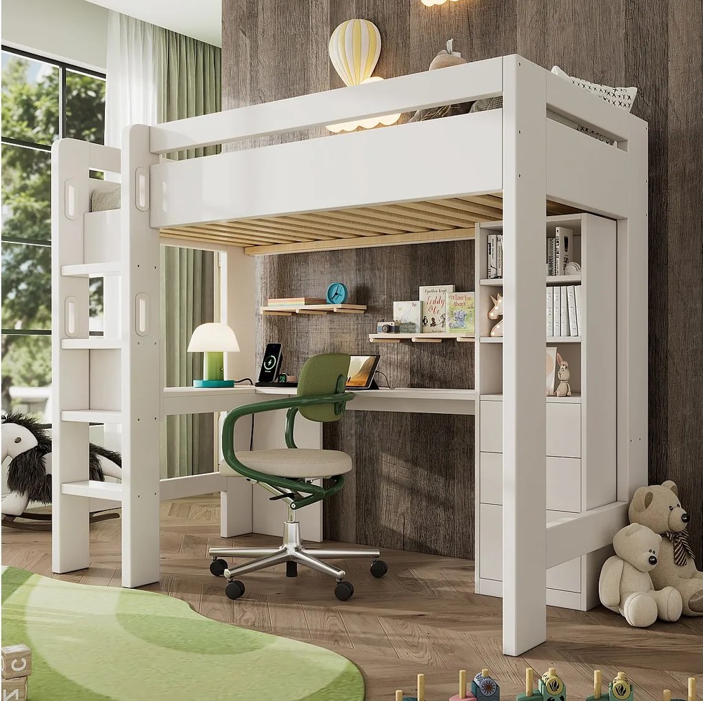 Łóżko piętrowe dla dzieci - 90 x 200 cm - z biurkiem + półkami + 3 szufladami + USB/Typ-C - lite drewno + MDF - białe