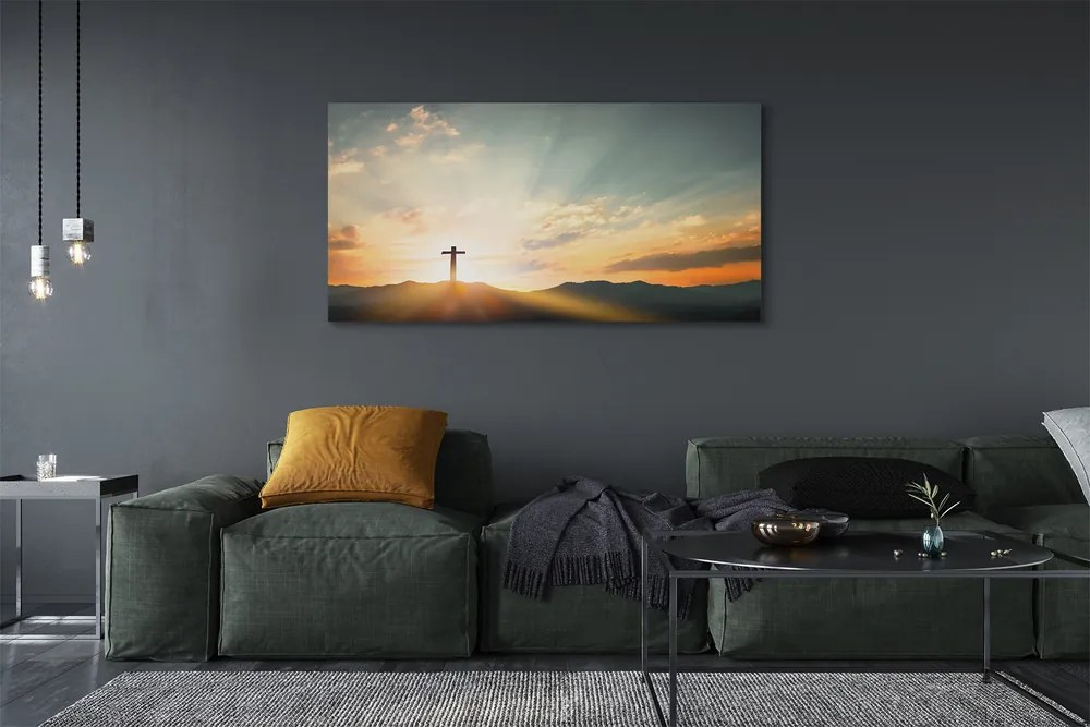 Duży obraz na płótnie Krzyż w Górach o Zachodzie Słońca