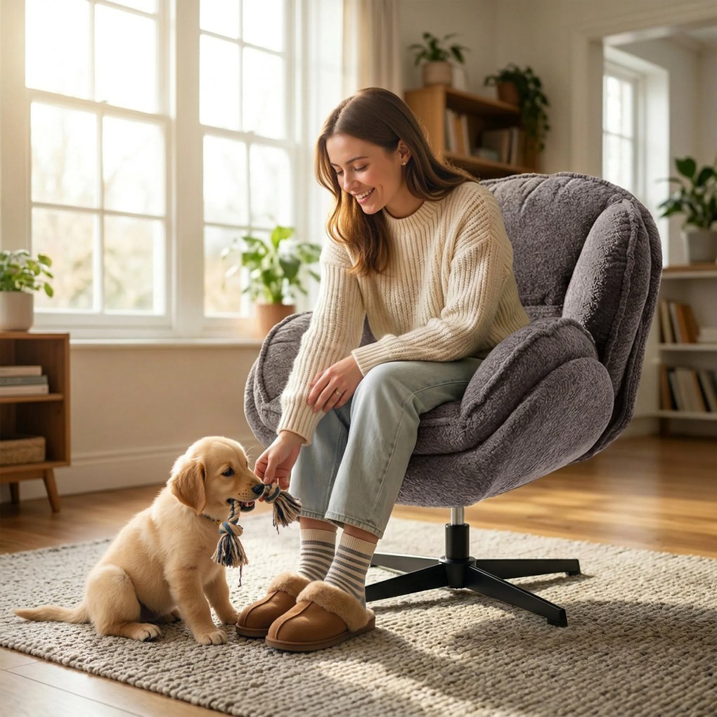 HOMCOM Nowoczesny fotel typu wingback, welurowy fotel z podłokietnikami, czteroramienna podstawa, sprężyny S, funkcja obrotu 360°, szary | Aosom PL