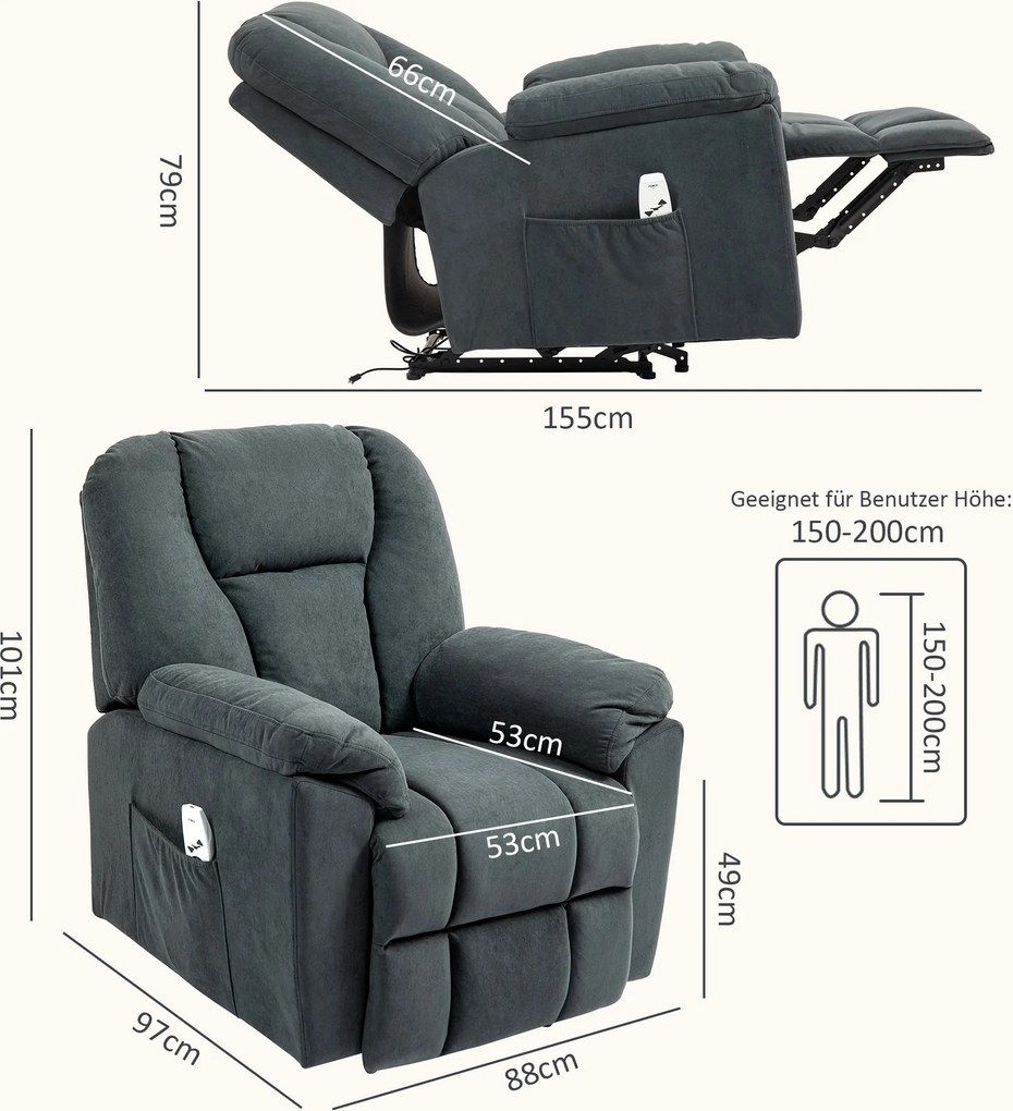 HOMCOM Elektryczny Fotel Relaksacyjny z Funkcjami Masażu i Ogrzewania, Wygodny Fotel z Portem USB, Kieszeń Boczna, Szary