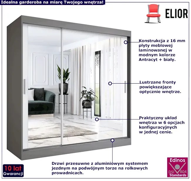 Szafa przesuwna z lustrem antracyt + biały 200 cm K2-R61