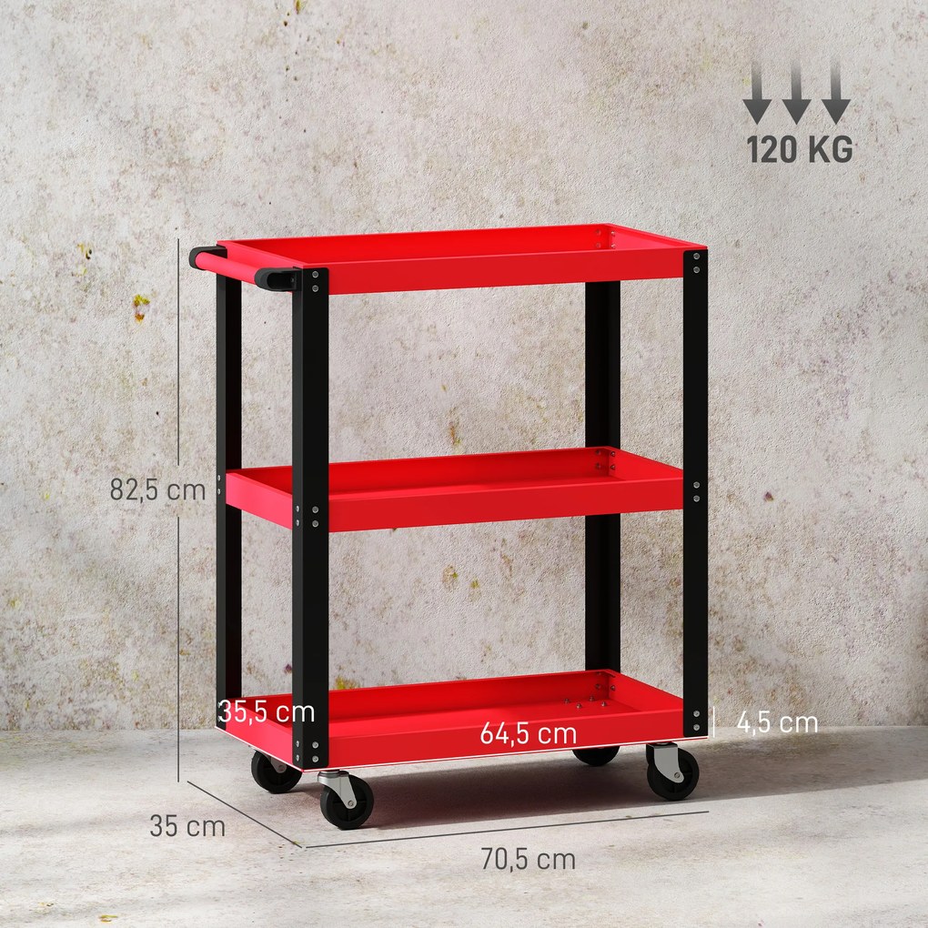 HOMCOM Wózek narzędziowy z 3 poziomami, metalowa rama, nośność 120 kg, kółka, uchwyt, czerwony