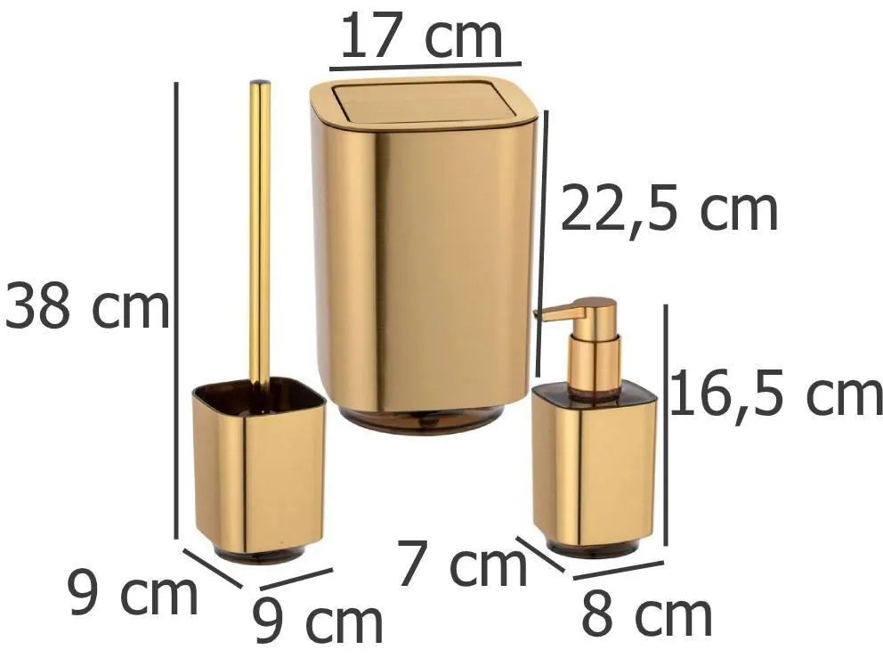 Zestaw akcesoriów łazienkowych AURON, dozownik na mydło w płynie + szczotka wc + kosz łazienkowy, WENKO, złoty