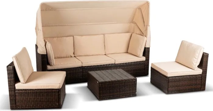 Zestaw Mebli Ogrodowych CALIENTE Modułowy Sofa 2x Fotel Stolik Tarasowy Brązowy/Beżowy Technorattan Nowoczesny