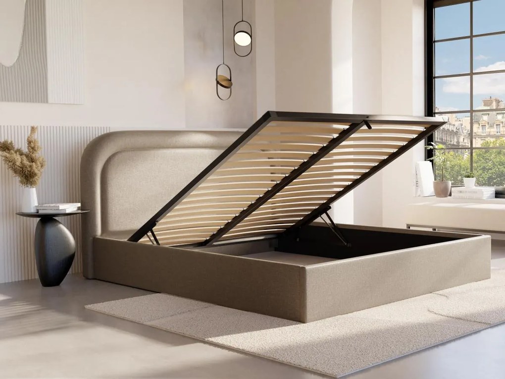 Łóżko ze skrzynią 140 x 190 cm - Melanżowa tkanina - Beżowy - FIREZA II